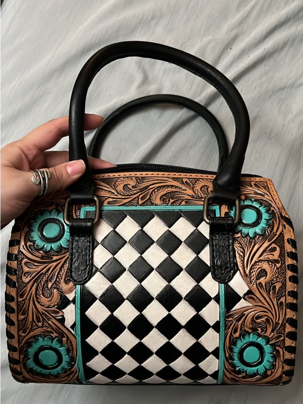 Black & White Woven Leather Satchel with Turquoise Floral Tooled Detail